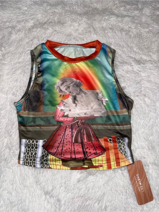 SHEIN Tops - SHEIN Multicolor Graphic Crop Tank Top - Red Trim with Rainbow Print